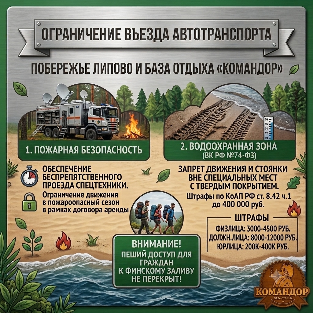 Ограничение въезда автотранспорта – побережье Липово и база отдыха “Командор”